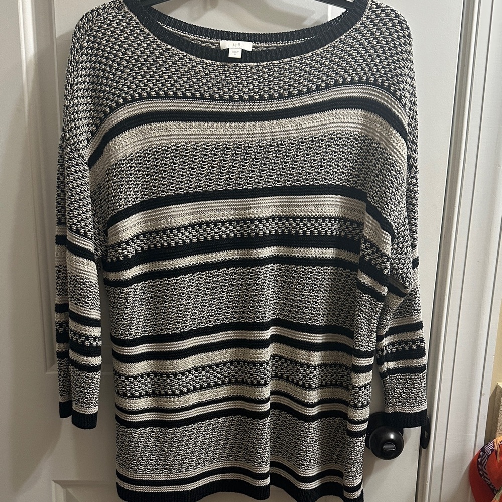 J. Jill Black and Cream Striped Knit Crewneck Sweater 3/4 Sleeves